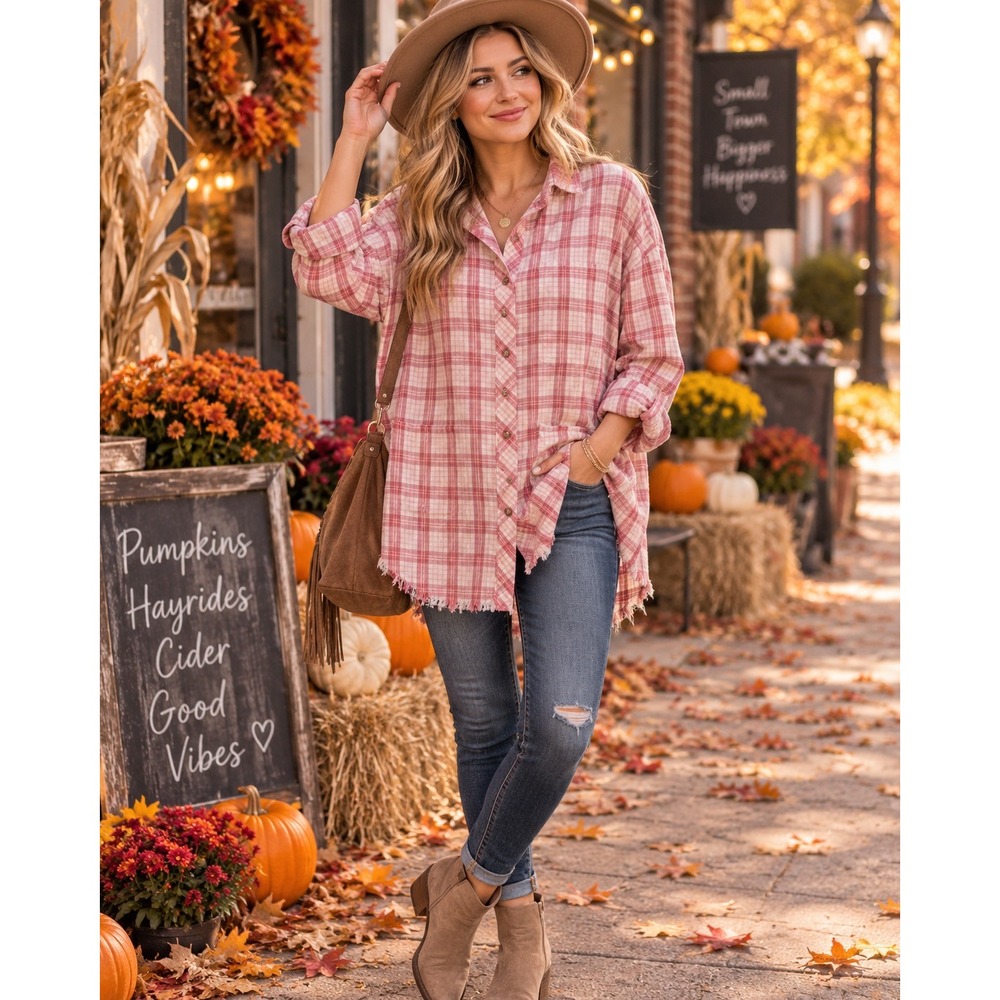 Easel Pink Plaid Raw Hem Oversized Button Down Shirt ET16740X Womens 1X New
